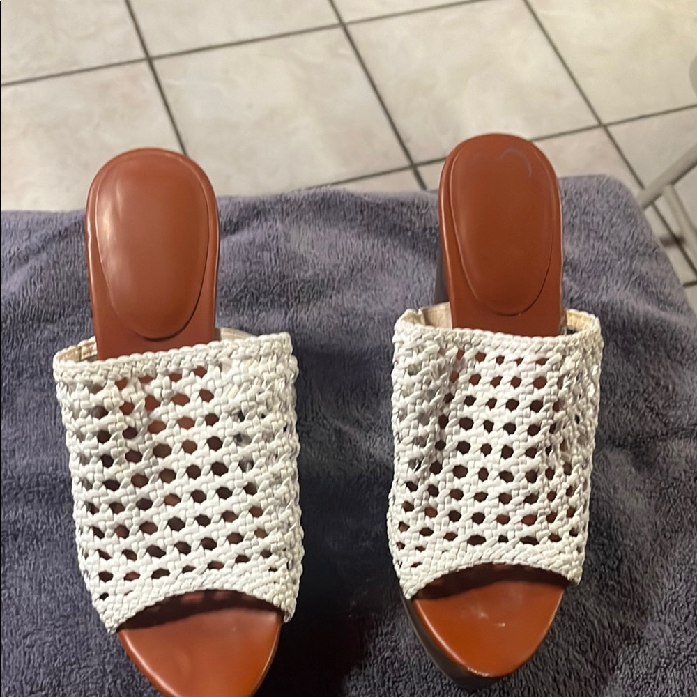 White and Brown Woven Mules with Medium Heel